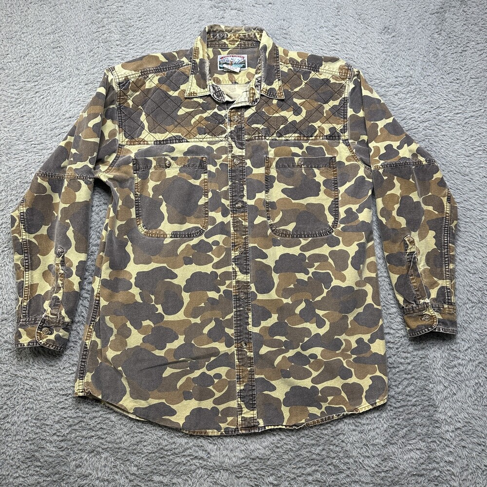 Vintage Hunting Camo Shirt Mens XL Camo Button Faded Distressed Field & Stream